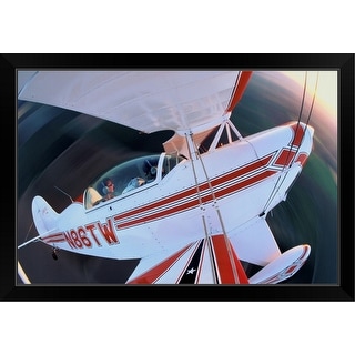 quot Aerobatic stunt biplane in flight view from wing quot Black Framed Print