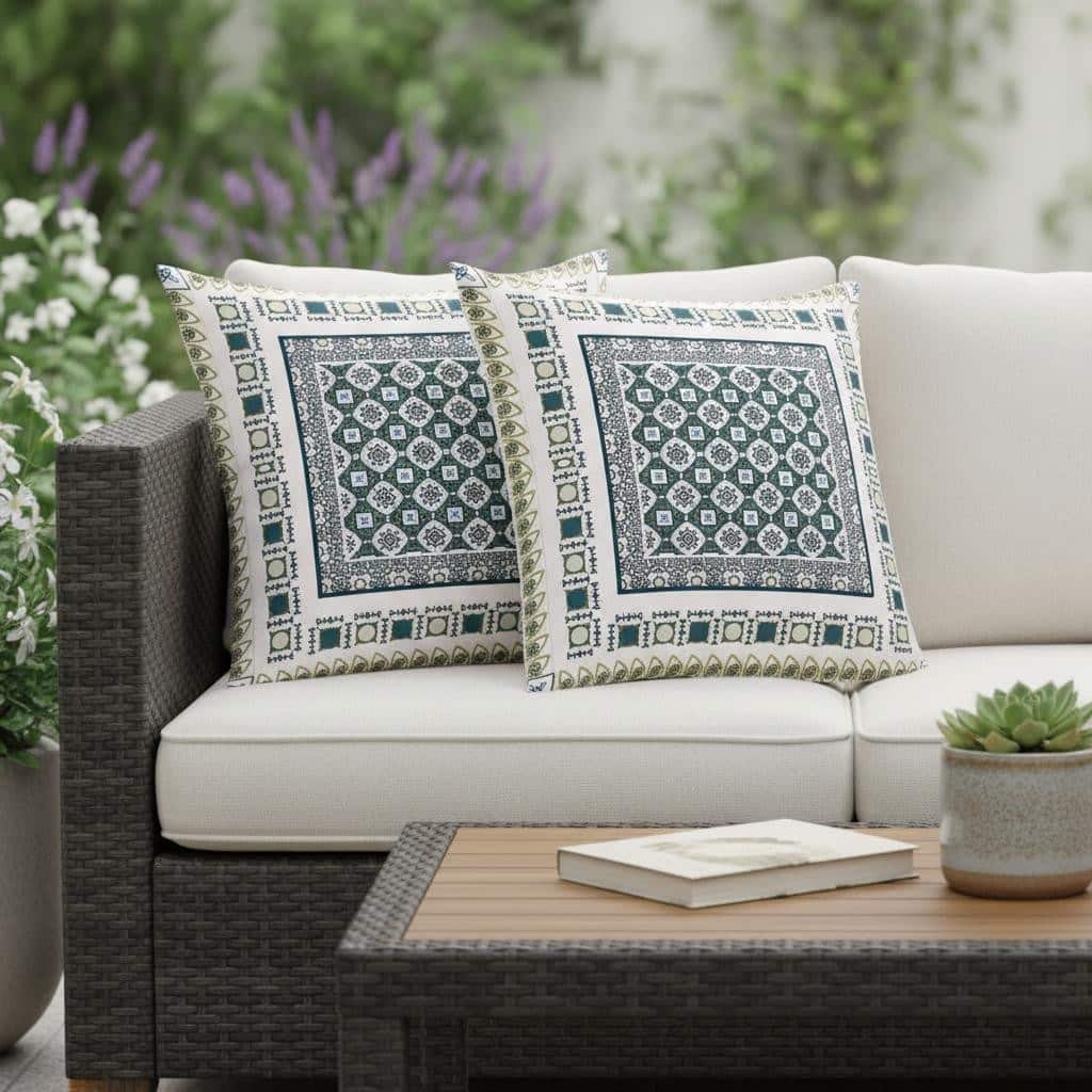 HomeRoots Set of Two 16" X 16" Green and White Blown Seam Floral Indoor Outdoor Throw Pillow - 16.00' X '16.00' X '5.00