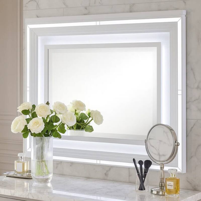 Wooden Frame Mirror with LED and Mirror Trim Accents, White
