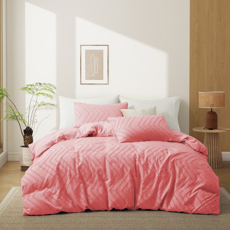 3 Piece Tufted Clipped Jacquard Geometric Oversized Duvet Cover Set - King - Wave/Light Pink