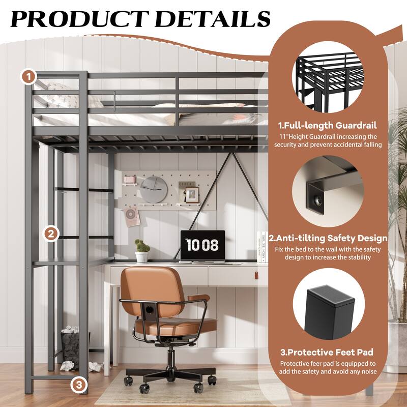 Futzca High Loft Bed Frame with Desk, Twin/Full Size Bunk Bed