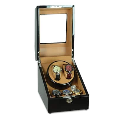 Curata Gloss Heritage Onyx Finish Leatherette Lined Locking 2-Watch Winder 3-Watch Storage (Ac Or Batteries)