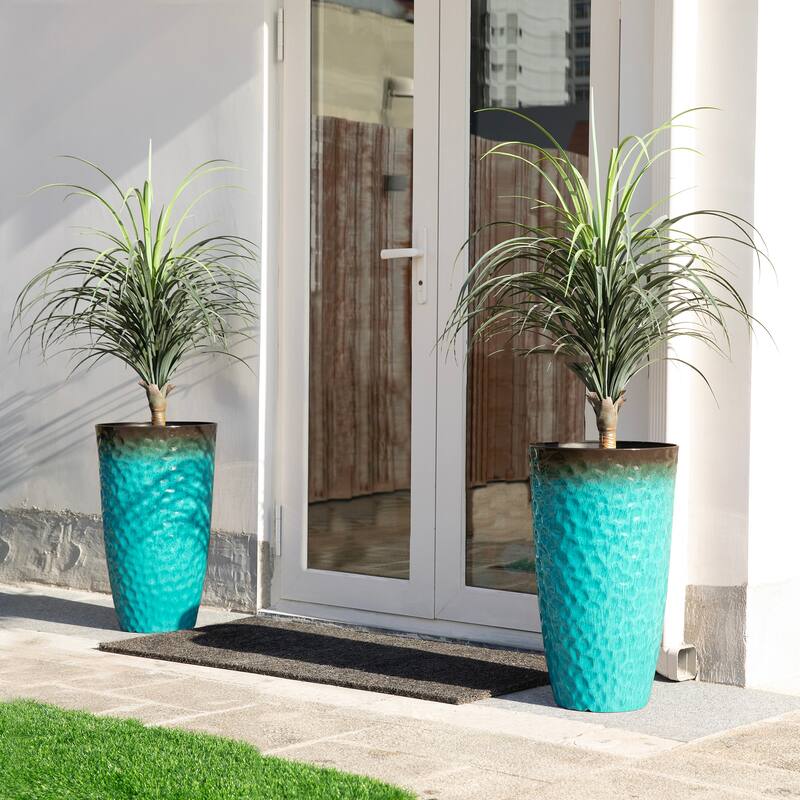 Glitzhome 23.75"H Set of 2 Oversized Eco-Friendly PP and Stone Honeycomb Textured Blue/Green/Red Tall Plastic Planter