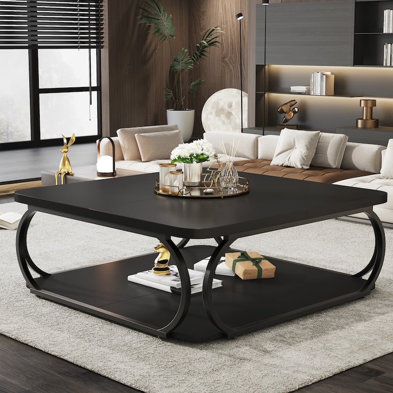 39" Large Square Wood Coffee Table, 2 Tier Tea Table with Storage Shelf, Center Table for Living Room & Home Office