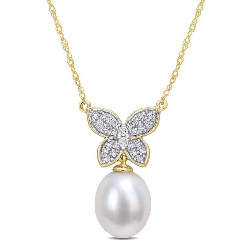 Miadora 9-10mm Cultured Freshwater Pearl and 1/8ct TDW Diamond Butterfly Drop 10k Yellow Gold