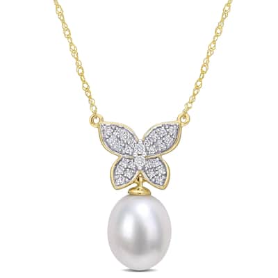 Miadora 9-10mm Cultured Freshwater Pearl and 1/8ct TDW Diamond Butterfly Drop 10k Yellow Gold