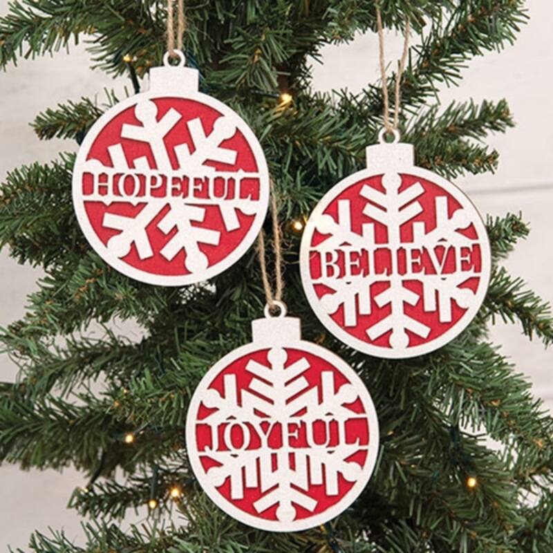 Wooden Christmas Ornaments with Snowflake Design Red White Holiday Tree Decor 3 Asstd. - 5" H x 4" W x .25" D