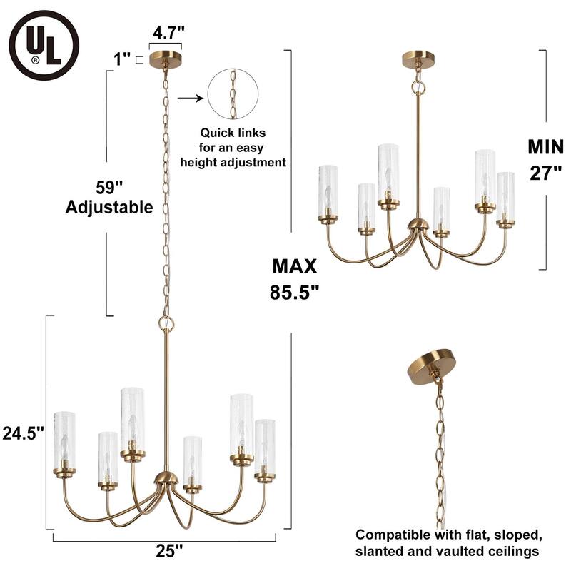 Kayna Mid-Century Modern 6-Light Gold Wheel Glass Chandelier for Dining Room - 25''D x 24.5''H