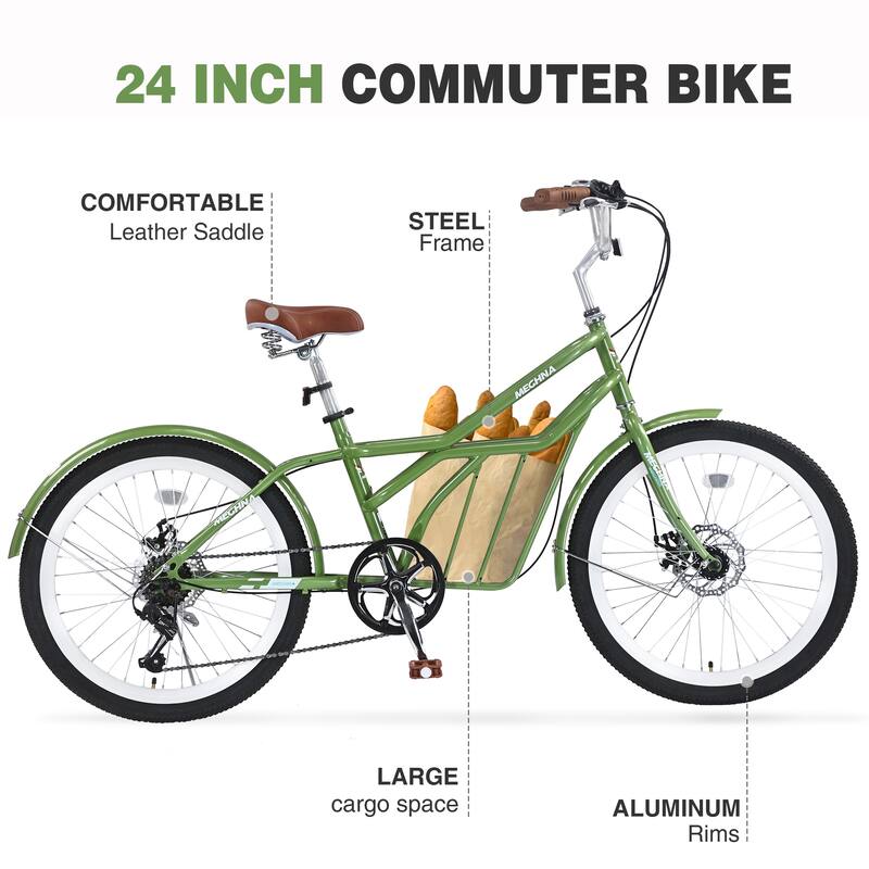 24 Inch Comfort Bike Urban Commuter Bicycles, 6 Speed Road Bicycles w/Dual Disc Brakes, Steel Frame for Teens, 16 Years and Up