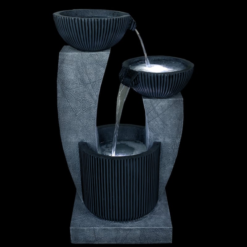 32" Lighted Blue Modern Tiered Outdoor Garden Water Fountain