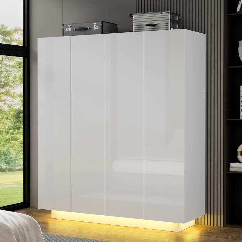 63"W Family 4-Door Wardrobe Armoire Closet Storage LED Light High Gloss - N/A - White