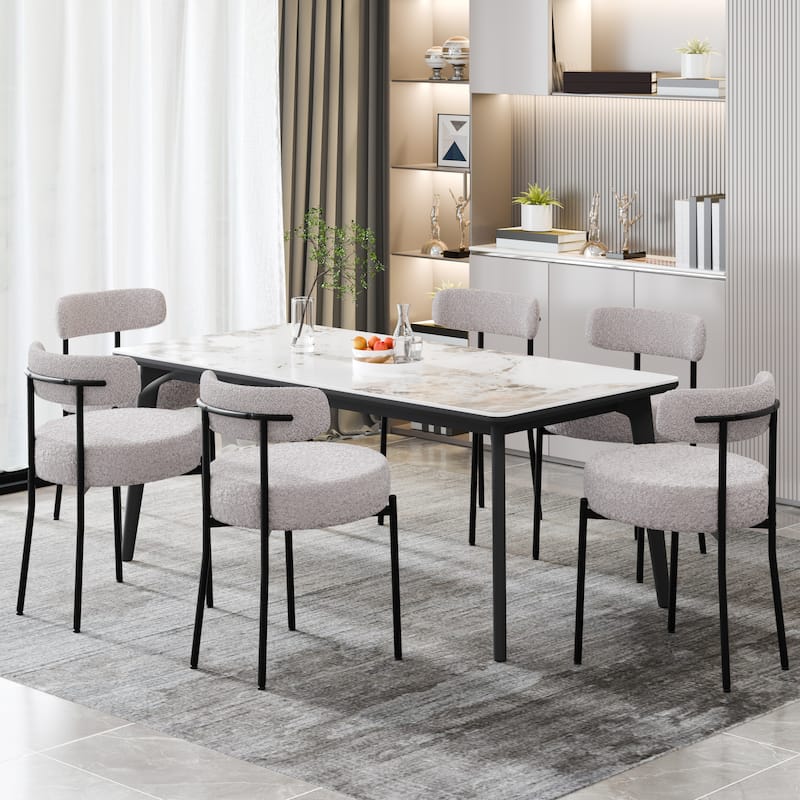 XINMICS Upholstered Boucle Dining Chairs with Black Metal Legs - Set of 6 - Light Grey