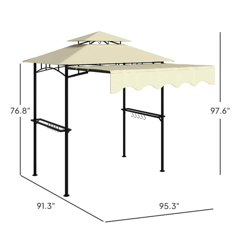 Brown Grill Gazebo with Powder-Coated Metal Frame Adjustable Awning Double Top PA-Coated Polyester Canopy Side Shelves
