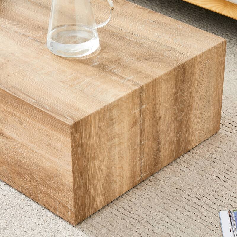 Modern Rectangular Coffee Table with Solid Base, Wooden Center Table with Imitation Marble Texture for Living Room