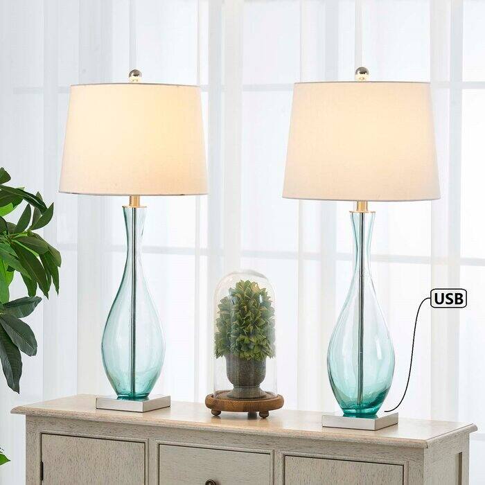 30.5" Glass Table Lamp Set with USB (Set of 2)