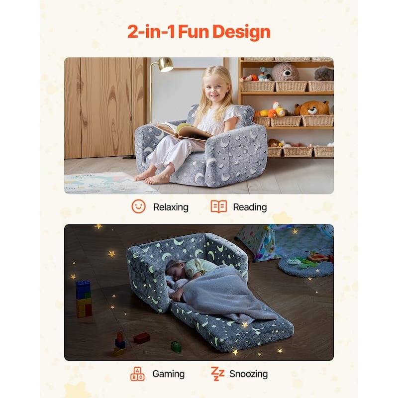 Grey Kids Foldable Sofa Bed with Glow-in-the-Dark Patterns and Comfortable Foam Seating - 24.0 x 41.3 x 12.0 in