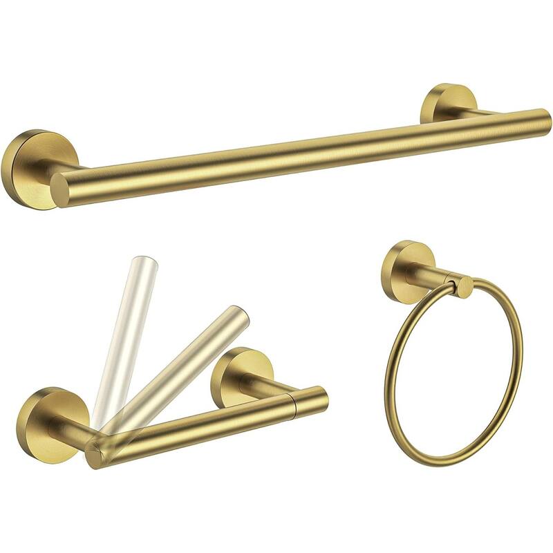 3-Piece Wall Mount Hardware Set 304 Stainless Steel Toilet Paper Holder and Towel Ring - Gold