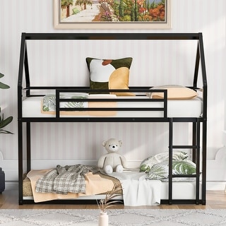 Twin House Bunk Bed with Built-in Ladder, Slide & Guardrails, Black