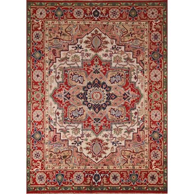Geometric Ivory Heriz Serapi Oriental Area Rug Handmade Wool Carpet - 7'11" X 9'9"
