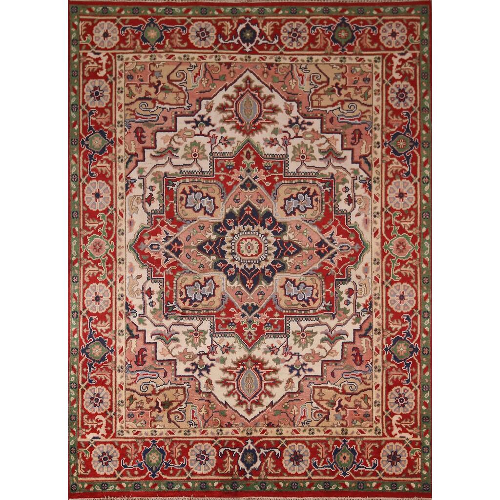 Geometric Ivory Heriz Serapi Oriental Area Rug Handmade Wool Carpet - 7'11" X 9'9"