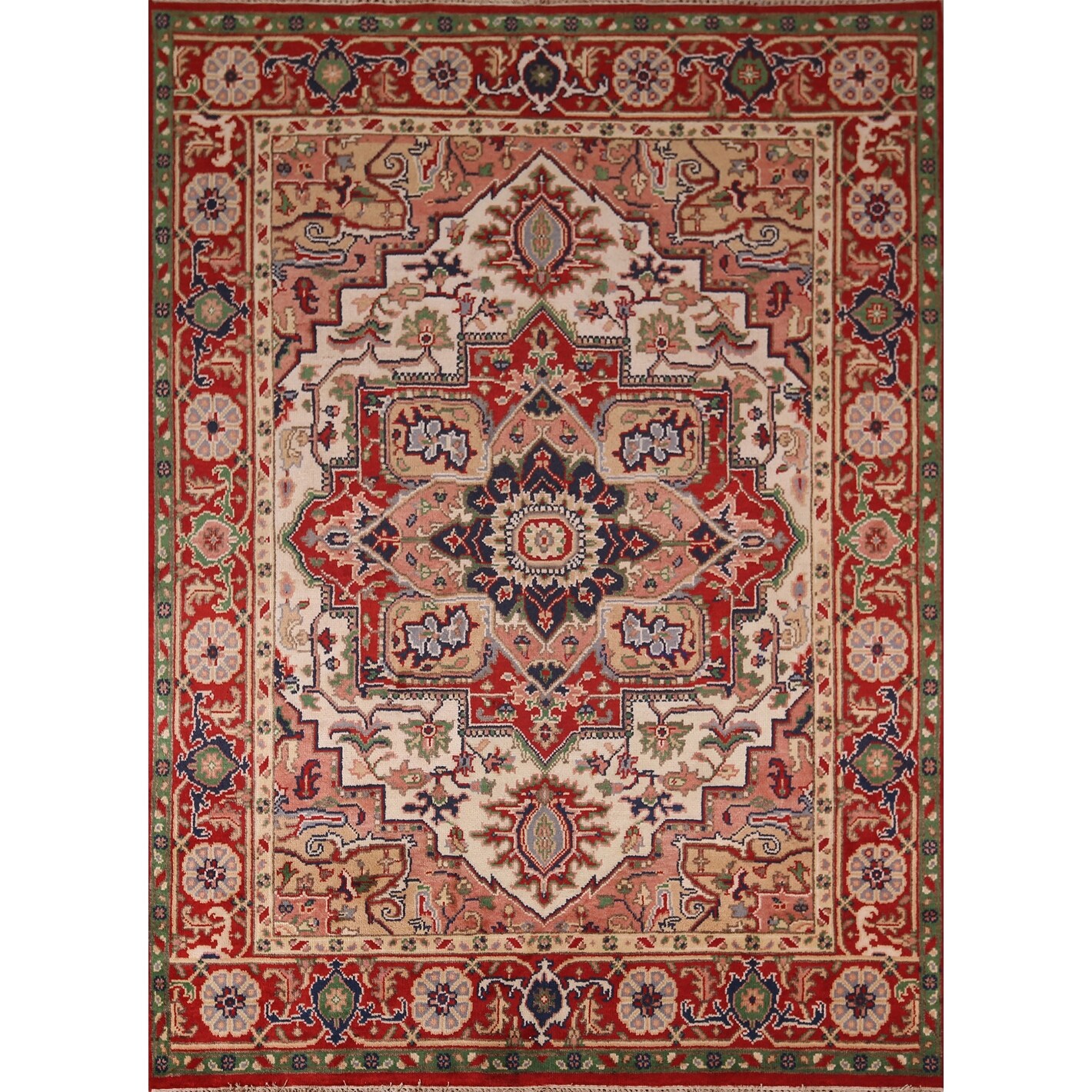 Geometric Ivory Heriz Serapi Oriental Area Rug Handmade Wool Carpet - 7'11" X 9'9"