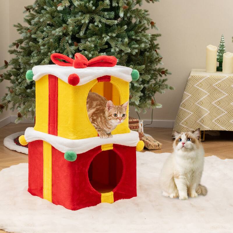 Cute Christmas Cat House 2 Gift Box with Bow, Perfect Holiday Cat Bed - 15.5" x 15.5" x 13" - Red-Yellow