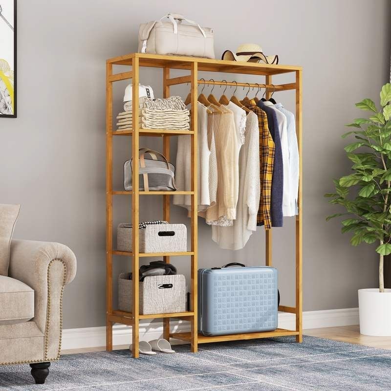 Bamboo Garment Rack with 6 Tier Storage Shelves with Hanging Rod - 11.8" wide