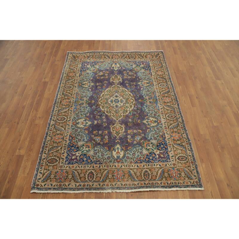Hand Knotted Oriental 100% Wool Carpet Traditional Floral Purples Tabriz Area Rug - 6' 4'' X 4' 7''