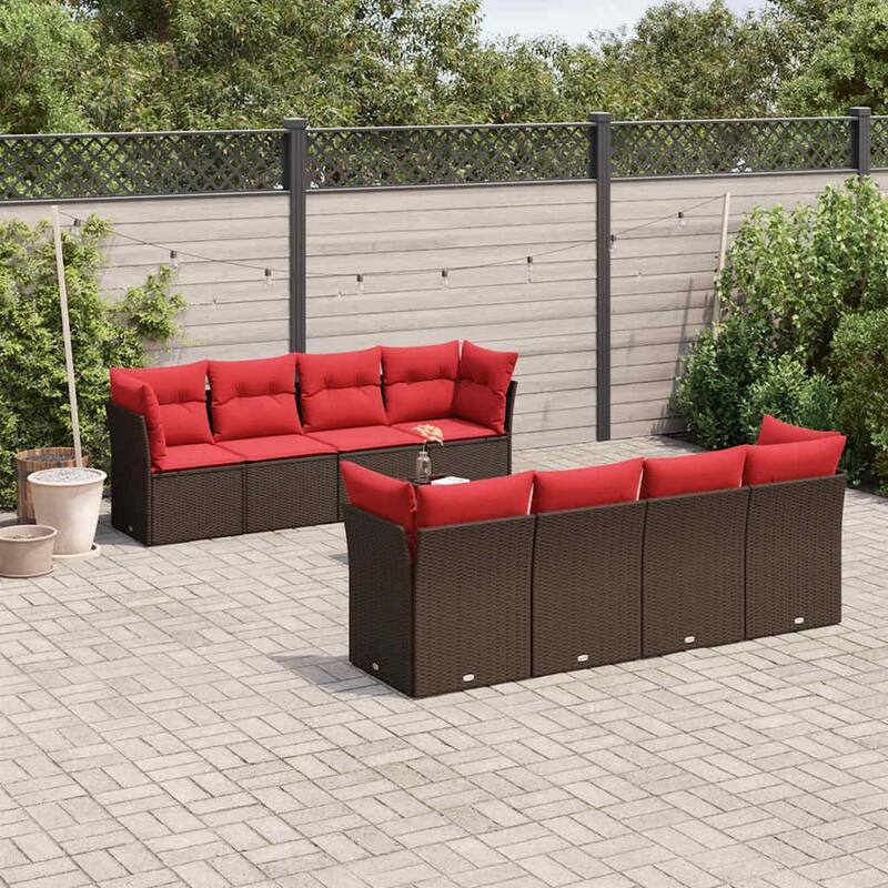 vidaXL 9 Piece Patio Sofa Set with Cushions Black/Brown/Gray Poly Rattan - 24.4 x 24.4 x 27.2 - Brown