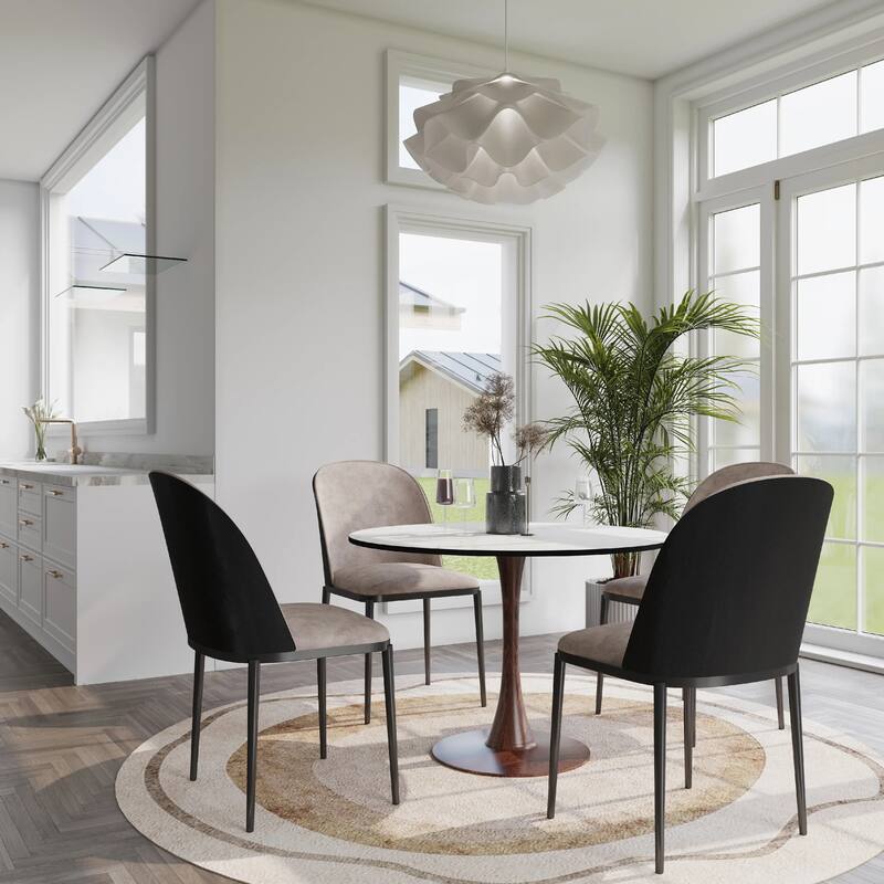 Bristol 35" Round Dining Table with Sintered Stone Top and Walnut Steel Pedestal Base for Modern Kitchen and Dining Room