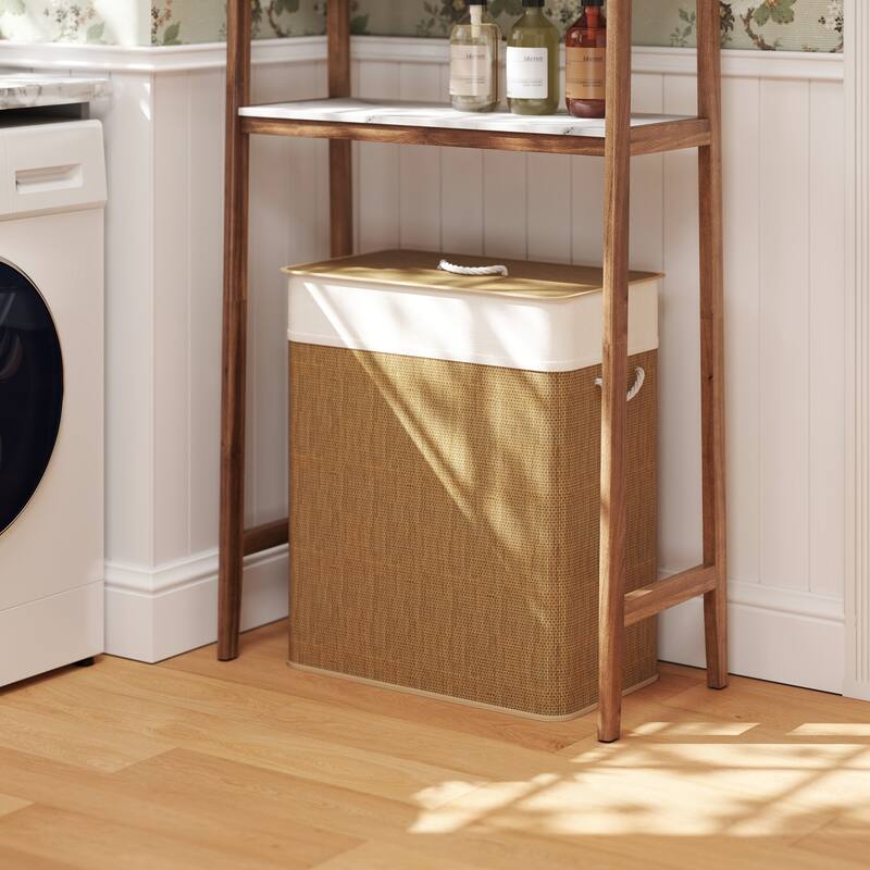 HOMCOM Double Laundry Basket with Lid, 26.4 Gallon Bamboo Laundry Hamper with Rope Handles, Clothes Hamper with Removable Liner - Brown