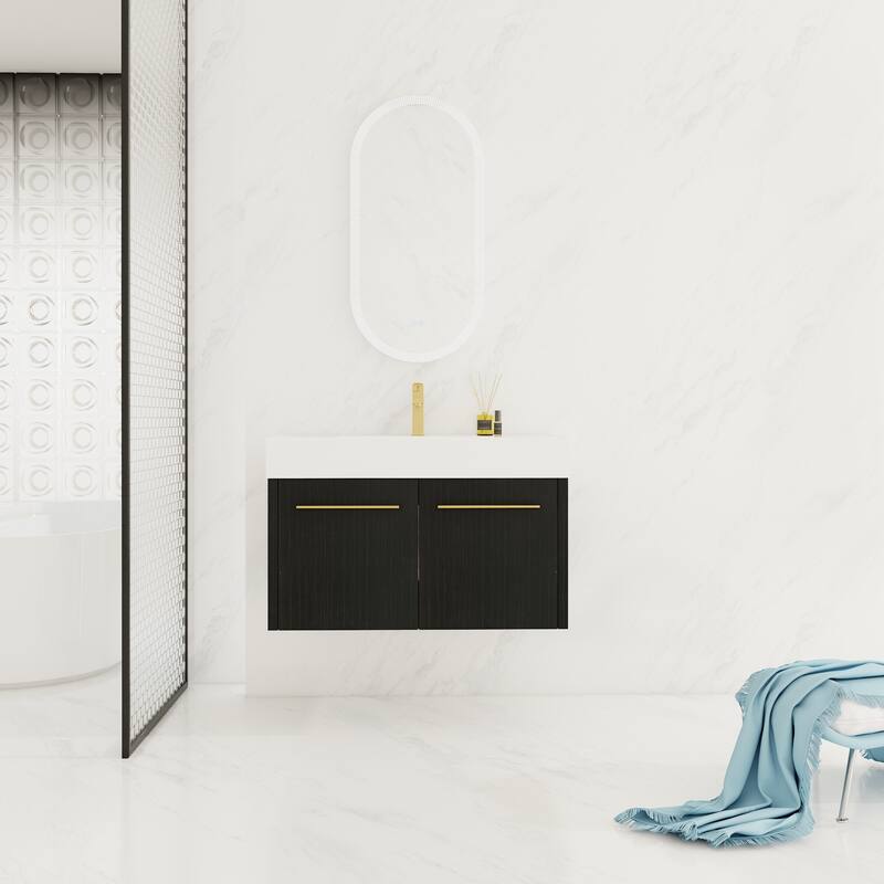 30" Floating Bathroom Vanity with Resin Sink, Soft-Closing Hinges, Ample Storage, and Black Chestnut Finish