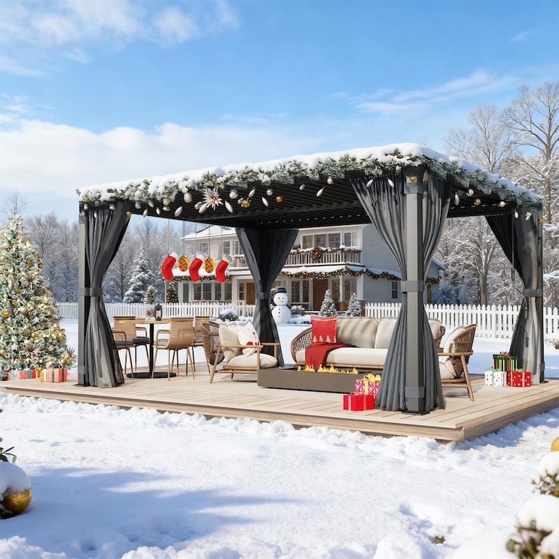 Outdoor Louvered Pergola, Outdoor Patio Hardtop Gazebo, Adjustable Metal Roof Curtains and Netting Included
