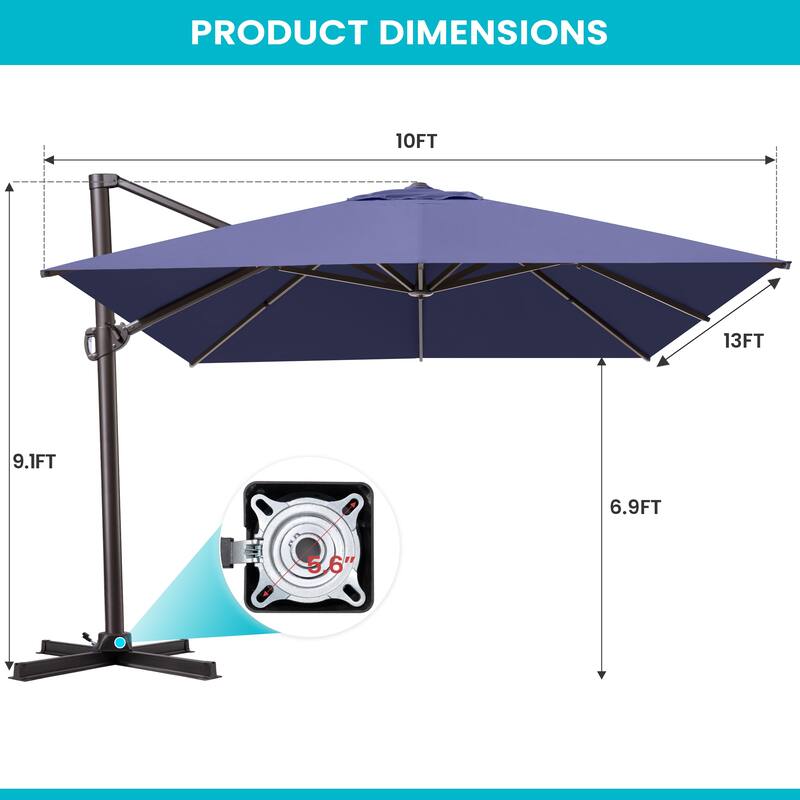 10x13FT Patio Cantilever Umbrella Outdoor Offset Umbrella 360-Degree Rotation with No Base