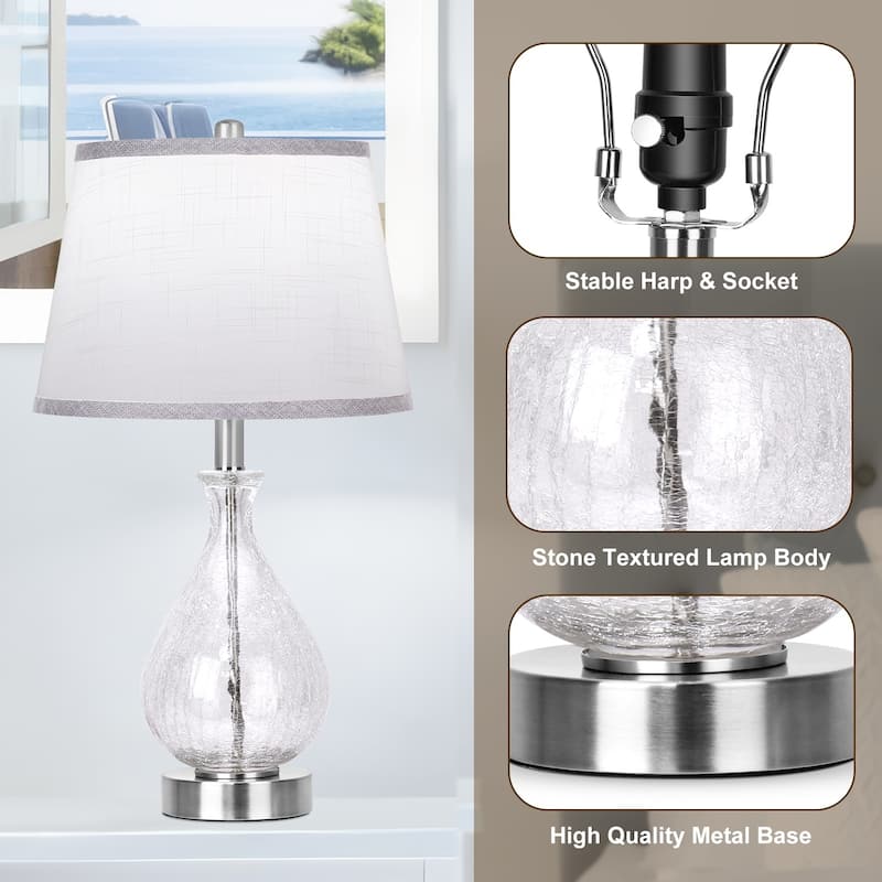 Glass Table Lamp Set of 2, 22.5" LED Light with Touch Control, 3 Way Dimmable Modern Bedside Lamps with Fabric Shade