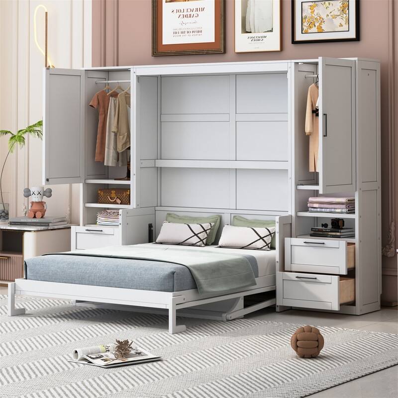 Queen Size Murphy Bed Wall Bed with 2 Wardrobes and 4 Storage Drawers, Foldable Murphy Cabinet Bed w/Open Storage Shelves& Stool - White