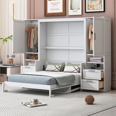 Queen Size Murphy Bed Wall Bed with 2 Wardrobes and 4 Storage Drawers, Foldable Murphy Cabinet Bed w/Open Storage Shelves& Stool