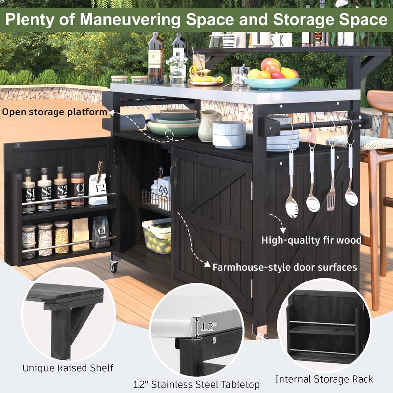 53.3" Outdoor Kitchen Island with Raised Shelf,Solid Wood Storage Cabinet with Stainless Steel Top(NO CHAIR) - N/A