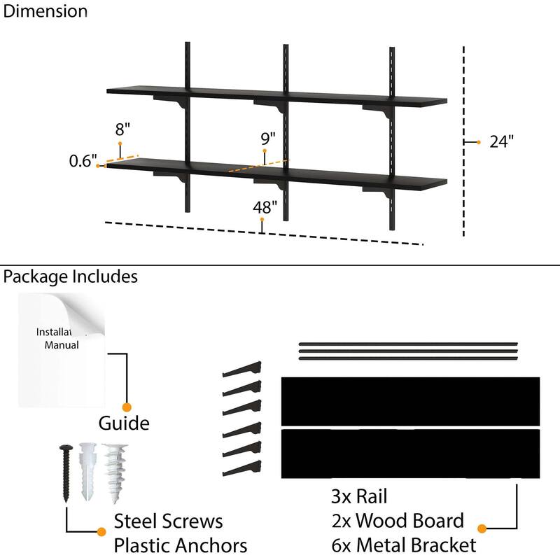 Wallniture Turin 48" Black Floating Wall Shelf with Adjustable Brackets, Hanging Shelves, Wall Mounted, Boho Decor, Tier Options