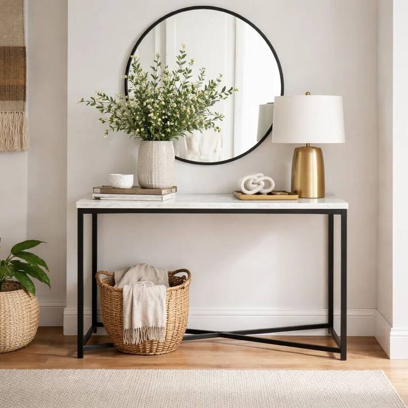 Agnew 50 Inch Console Table, White Marble Top, Tubular Black Steel Base