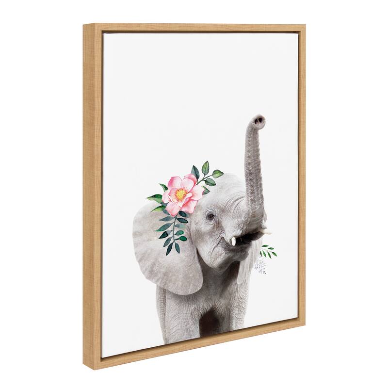 Kate and Laurel Sylvie Flower Crown Elephant Framed Canvas by Amy Peterson - 18x24 - Natural