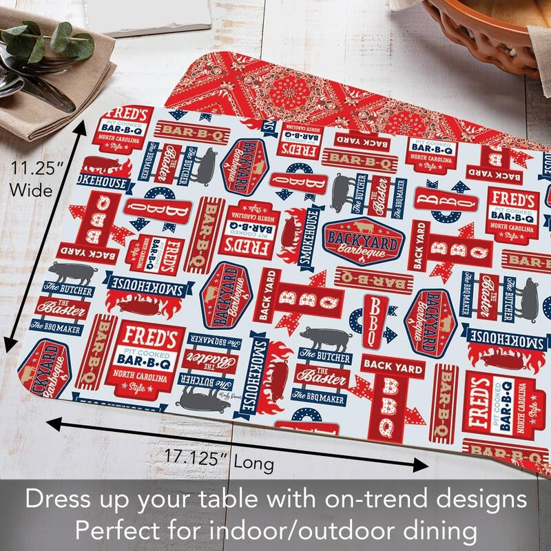 BBQ Life 4 Pack Reversible Easy Care Flexible Plastic Placemats Made in The USA BPA Free Easily Wipes Clean