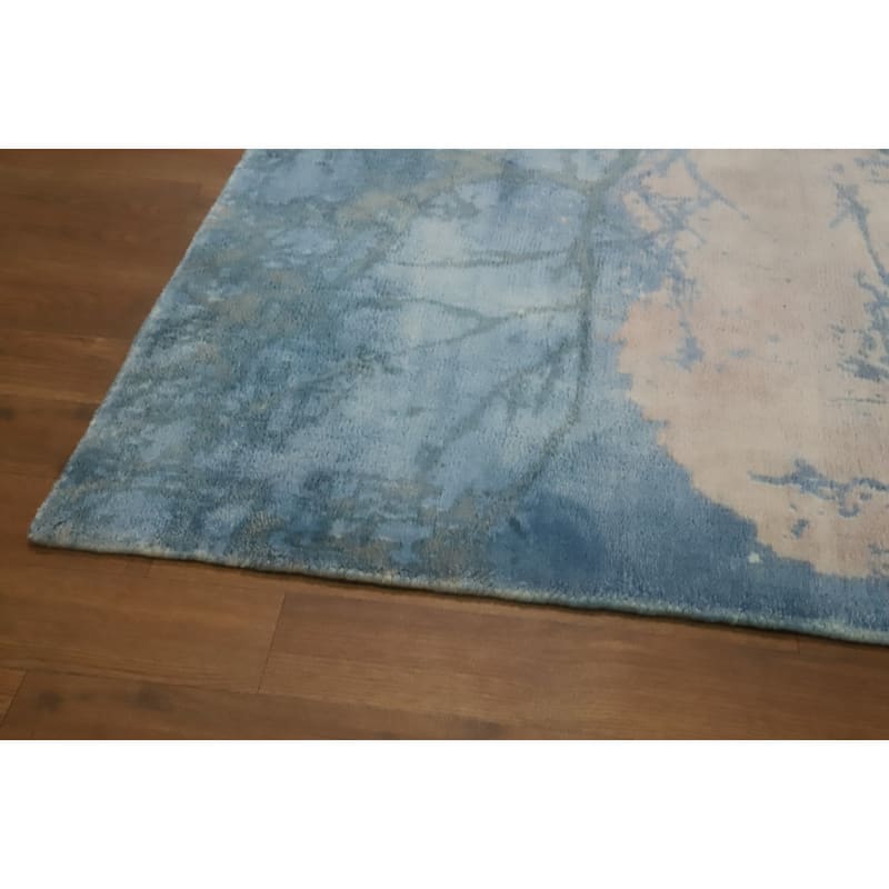 Hand-knotted Modern Silk Blue Abstract Oriental Area Rug - 7' 2'' X 5' 4''