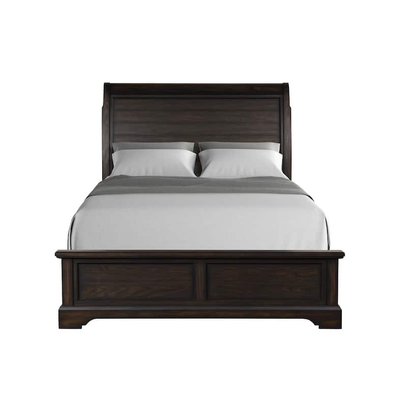 Queen Size Solid Wood Sleigh Bed with Elm Veneers and Traditional Design - Mahogany