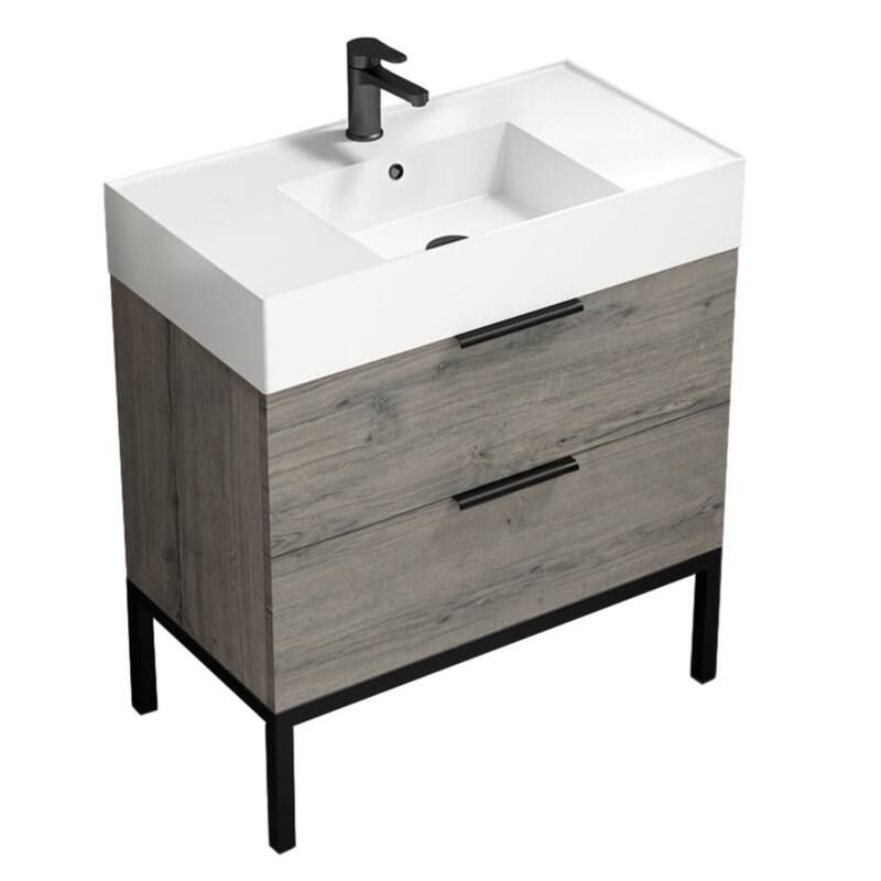 Nameeks Derin-3217 Derin 32" Free Standing Single Basin Vanity Set - Grey Oak / Black - Oak Finish