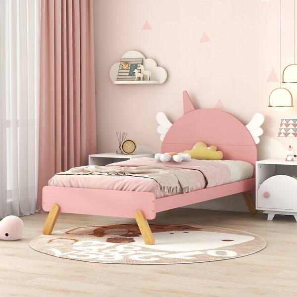 slide 2 of 8, Enchanting Twin Unicorn Bed with Pink Headboard, Sturdy Pine Frame Pink