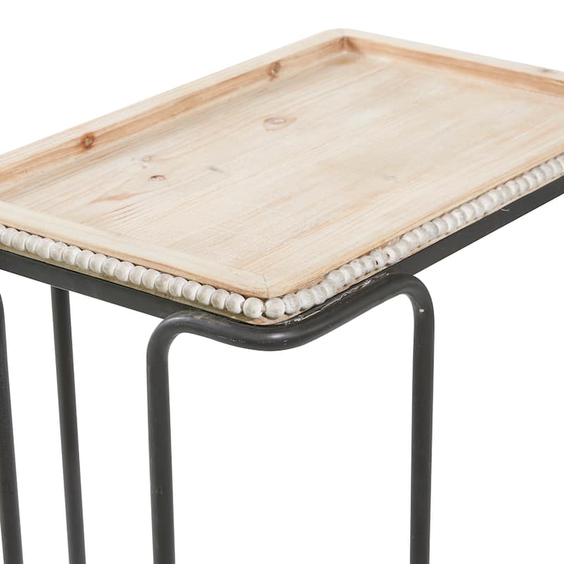Wood Beaded C-Style Accent Table with Black Metal Base - White - Roche River Decor - 13"W x 20"L x 26"H
