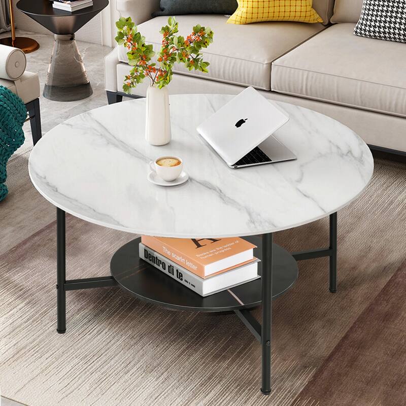 Modern Coffee Tables Round 2 Tier Sintered Stone Tabletop - 31.5" W x 18.7" H