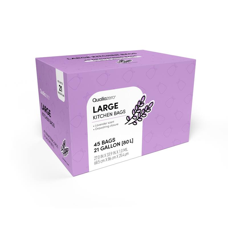 Qualiazero 21 Gallon Drawstring Trash Bag - 45 Bags - Scented or unscented - White - Lavender