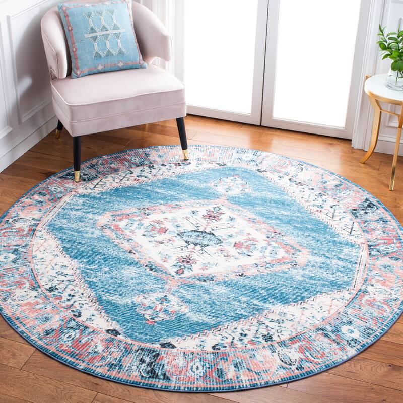 SAFAVIEH Journey Machine Washable Slip Resistant Sharyl Boho Medallion - 6'7" x 6'7" Round - Ivory/Blue - Round
